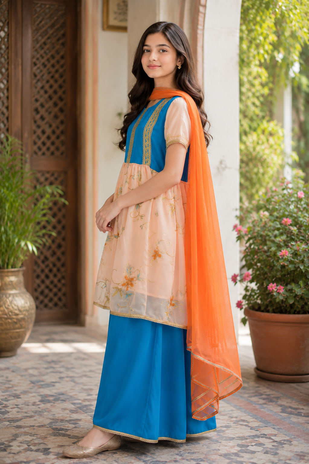 Royal Blue & Peach Girls 3-Piece Festive Suit with Orange Dupatta