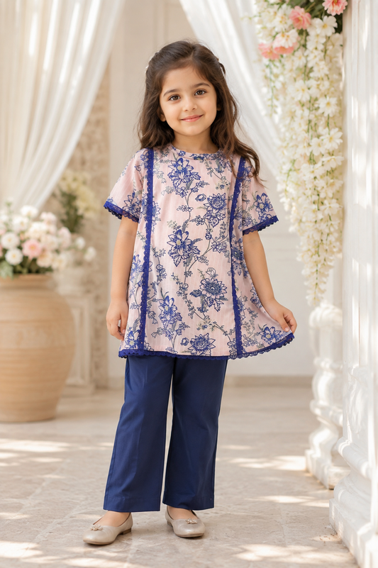 Elegant Floral Printed Girls 2-Piece Suit – Pink & Navy Blue