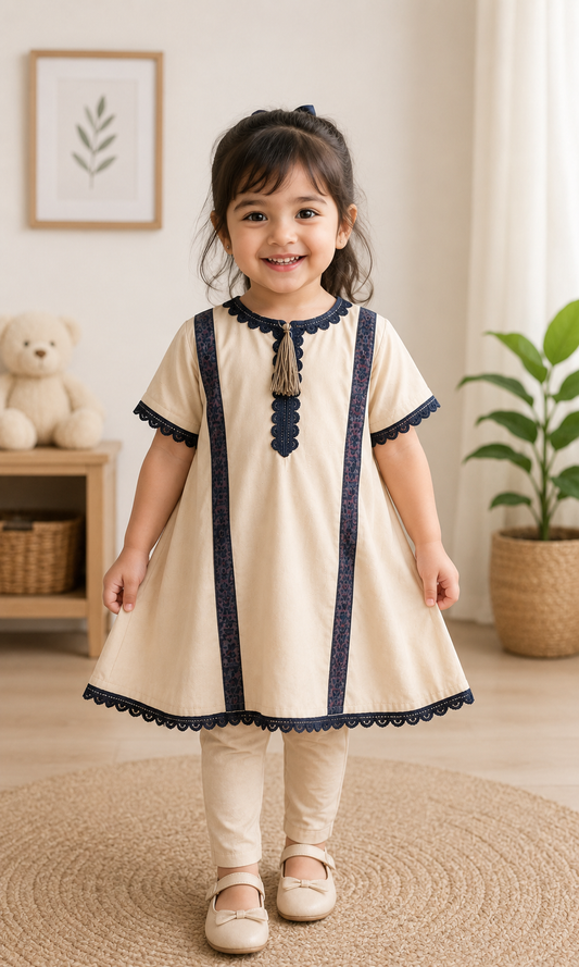 Cream & Navy Embroidered Girls Frock Set