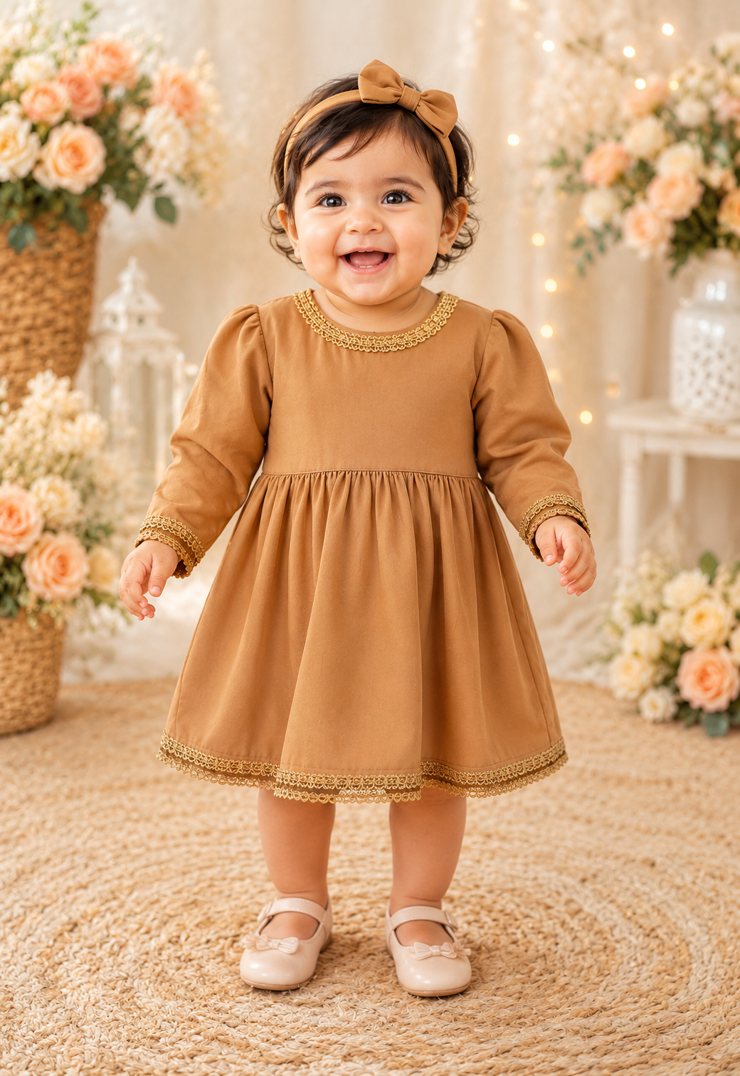 Golden Caramel Embroidered Frock for Baby Girls