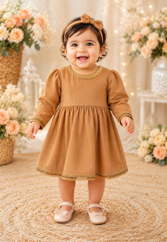 Golden Caramel Embroidered Frock for Baby Girls