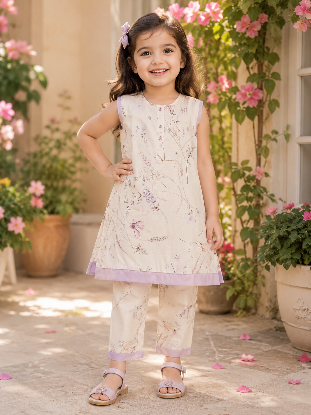 Elegant Cream Floral Girls 2-Piece Suit with Lavender Detailing