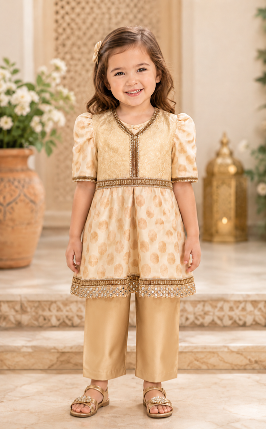 Elegant Beige & Golden Girls 2-Piece Party Wear Suit