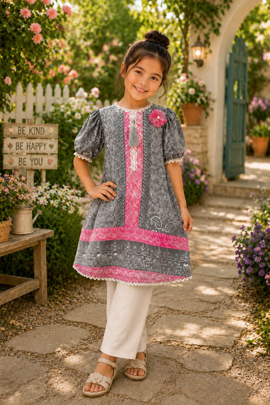 Girls’ Printed Grey & Pink Festive Kurta with White Trouser