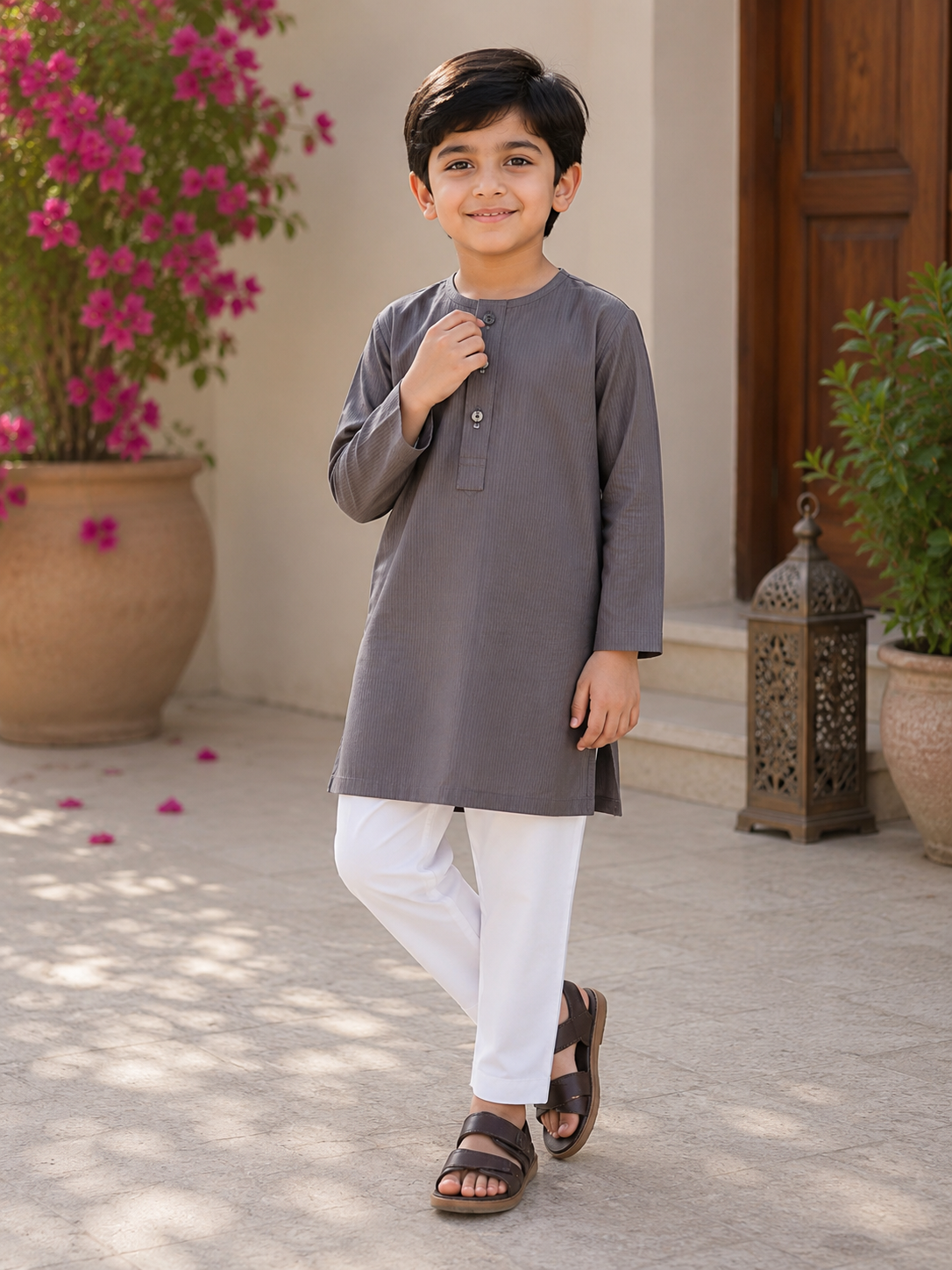 Charcoal Grey Boys Kurta with White Shalwar