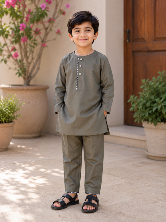 Olive Grey Boys Kurta Pajama Set with Contrast Detailing