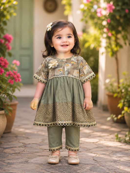 Elegant Olive Green Printed Girls 2-Piece Suit with Lace Detailing