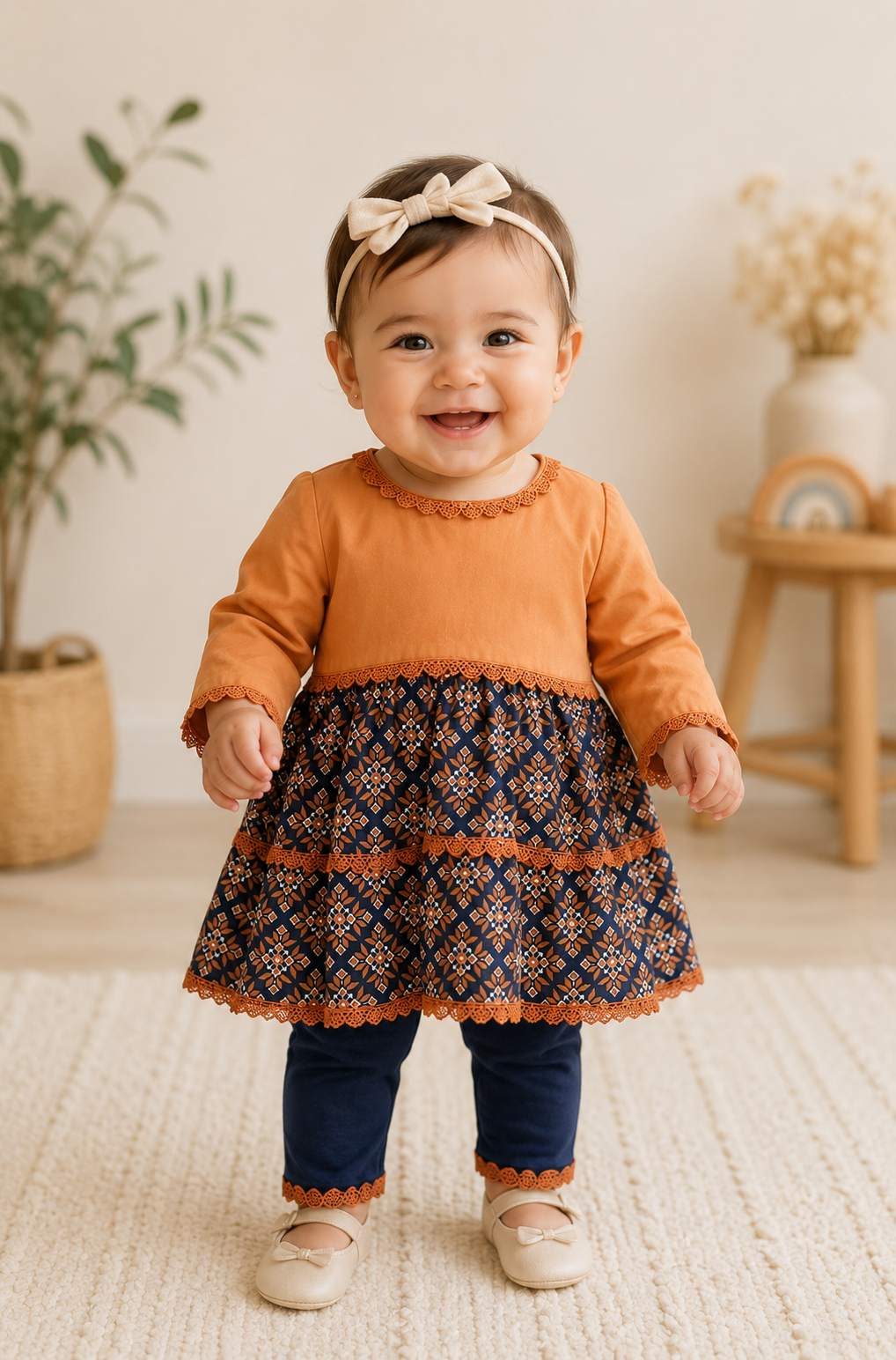 Rust & Navy Printed Baby Girl Dress Set