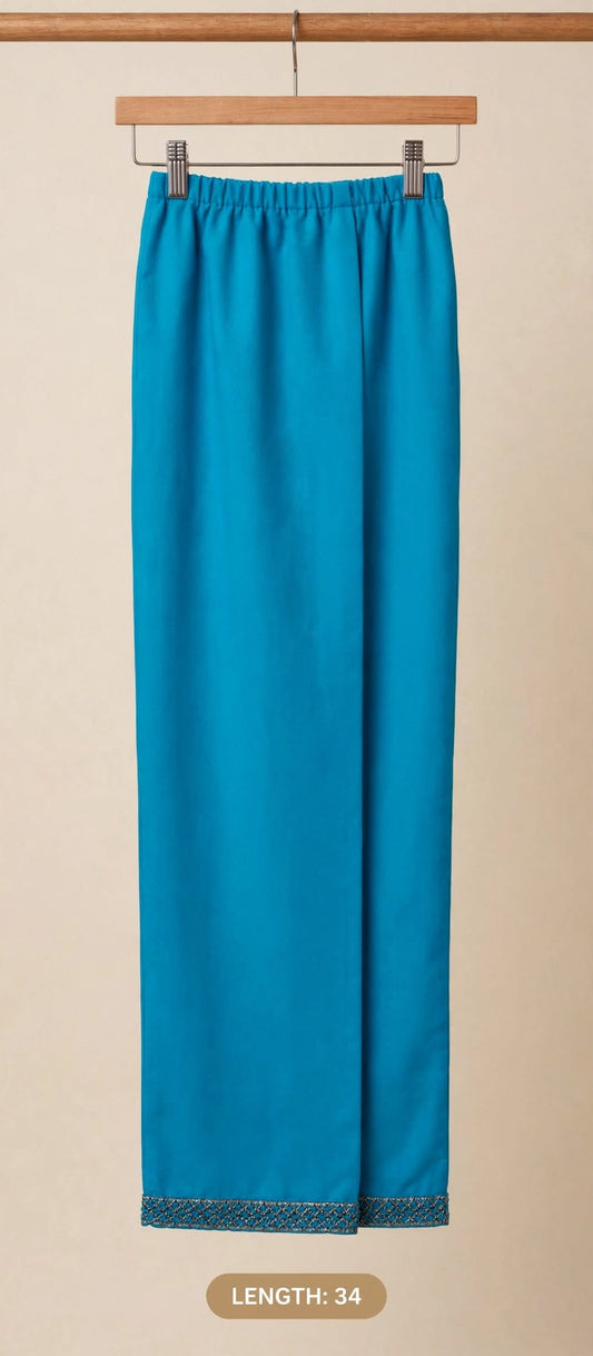 Girls Teal Blue Embroidered Lace Hem Trouser - 34