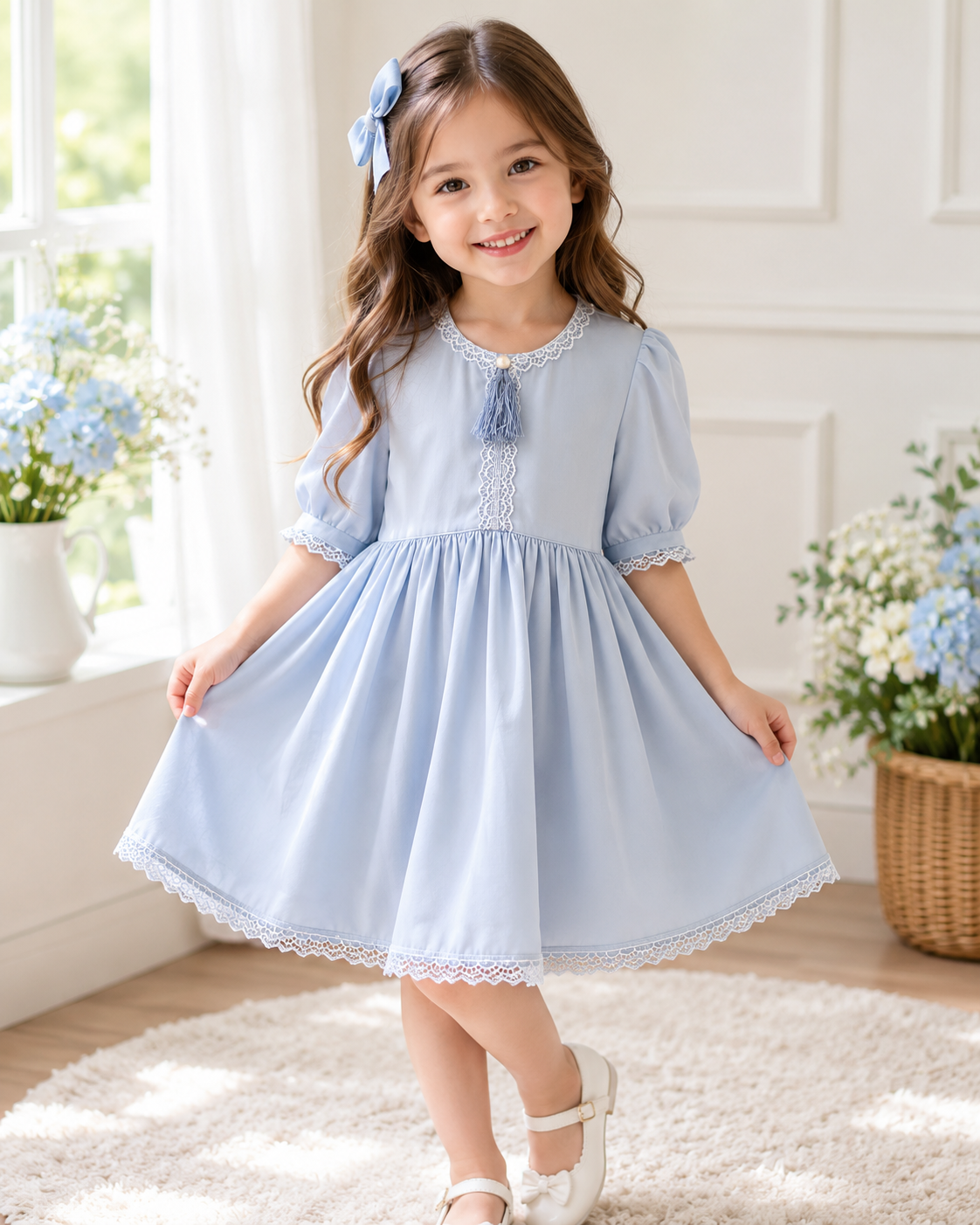 Elegant Sky Blue Girls Frock with Lace Detailing