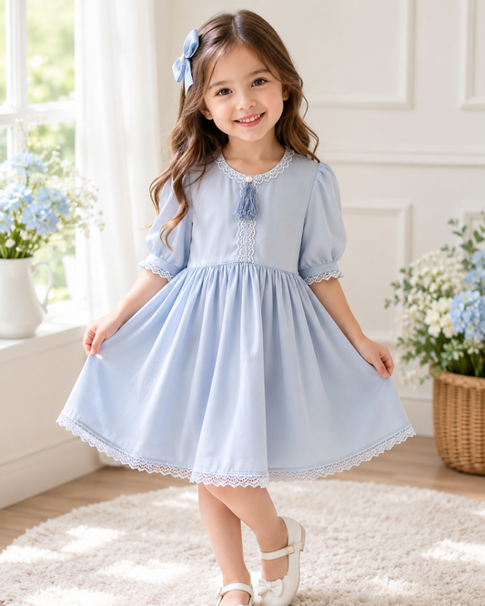 Elegant Sky Blue Girls Frock with Lace Detailing