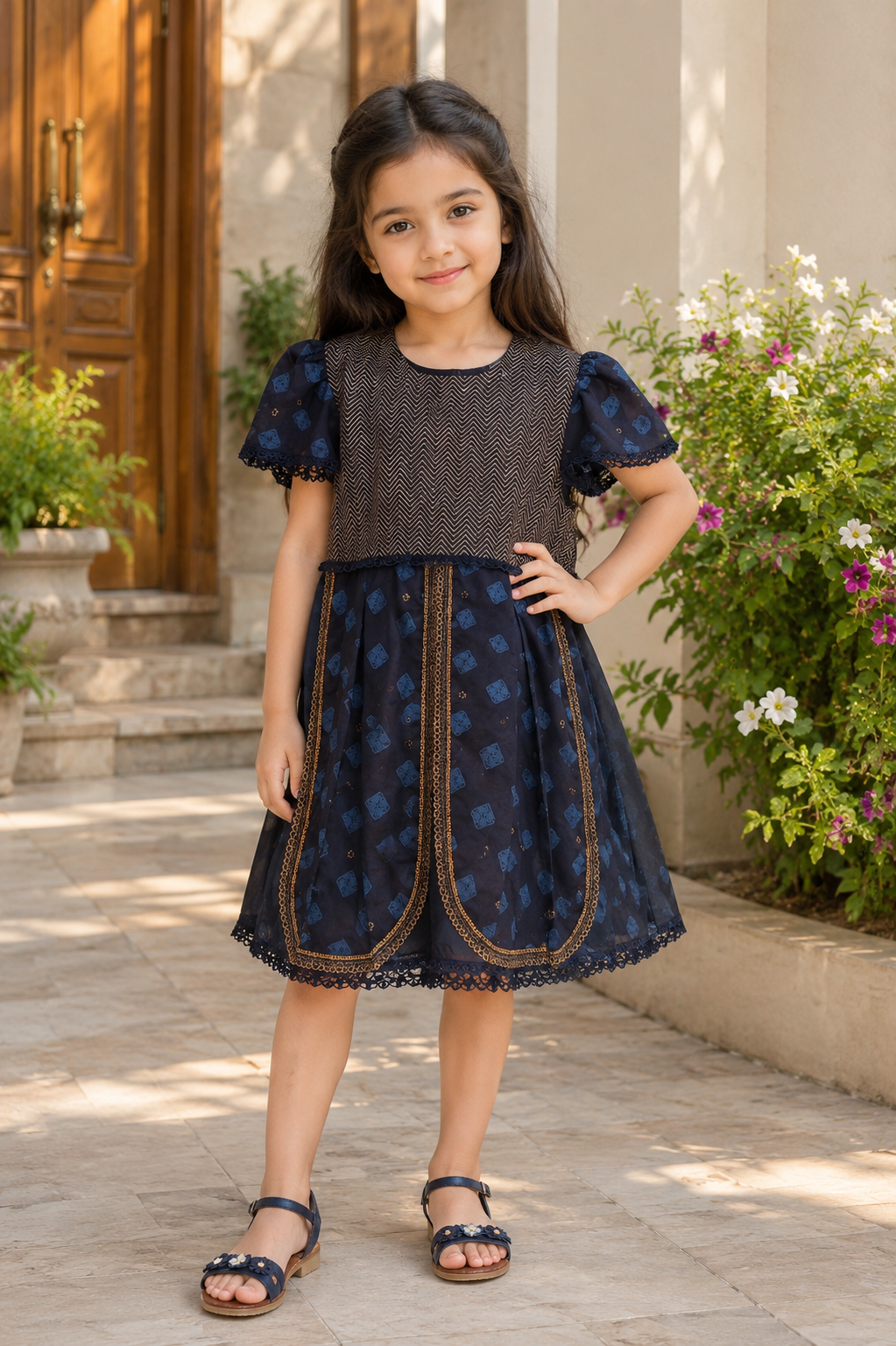 Elegant Navy Blue Printed Girls Frock – Gold Trim Detail