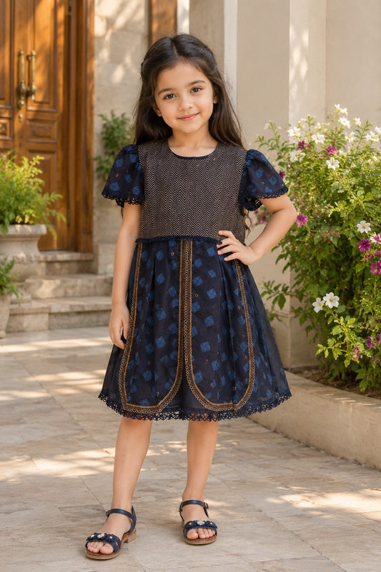 Elegant Navy Blue Printed Girls Frock – Gold Trim Detail