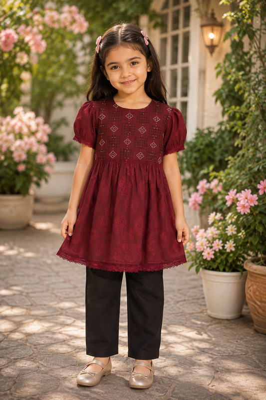 Girls’ Maroon Printed Lace-Trimmed 2-Piece Suit