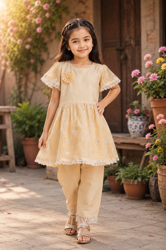 Girls’ Peach Beige Floral Lace 2-Piece Suit
