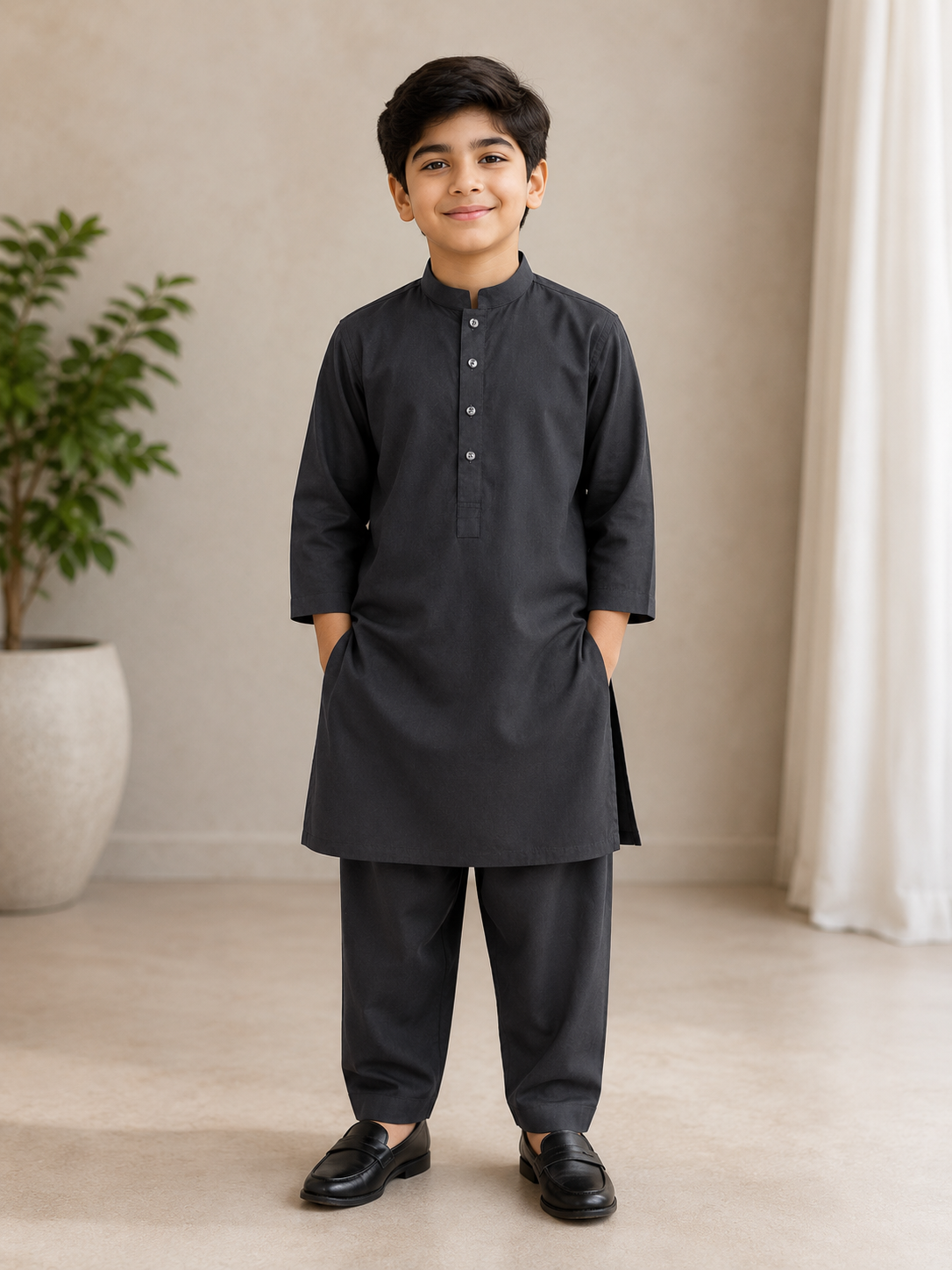 Classic Black Boys Kurta Pajama Set with Mandarin Collar