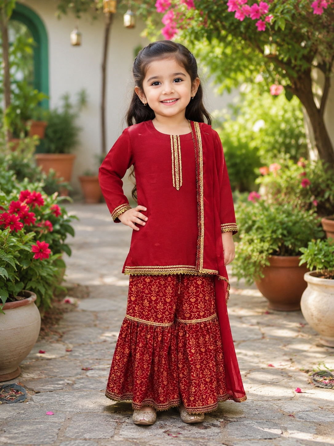 Maroon Embroidered Kurti with Printed Sharara Set for Girls