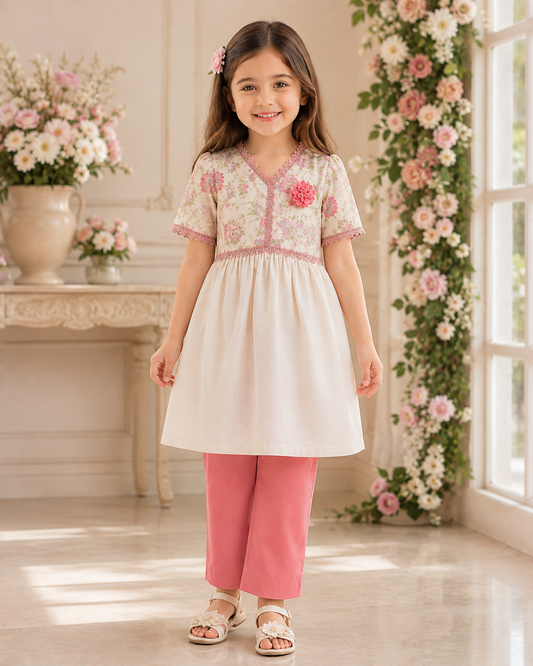 Elegant Floral Girls Frock with Pink Trouser – 2 Piece Set