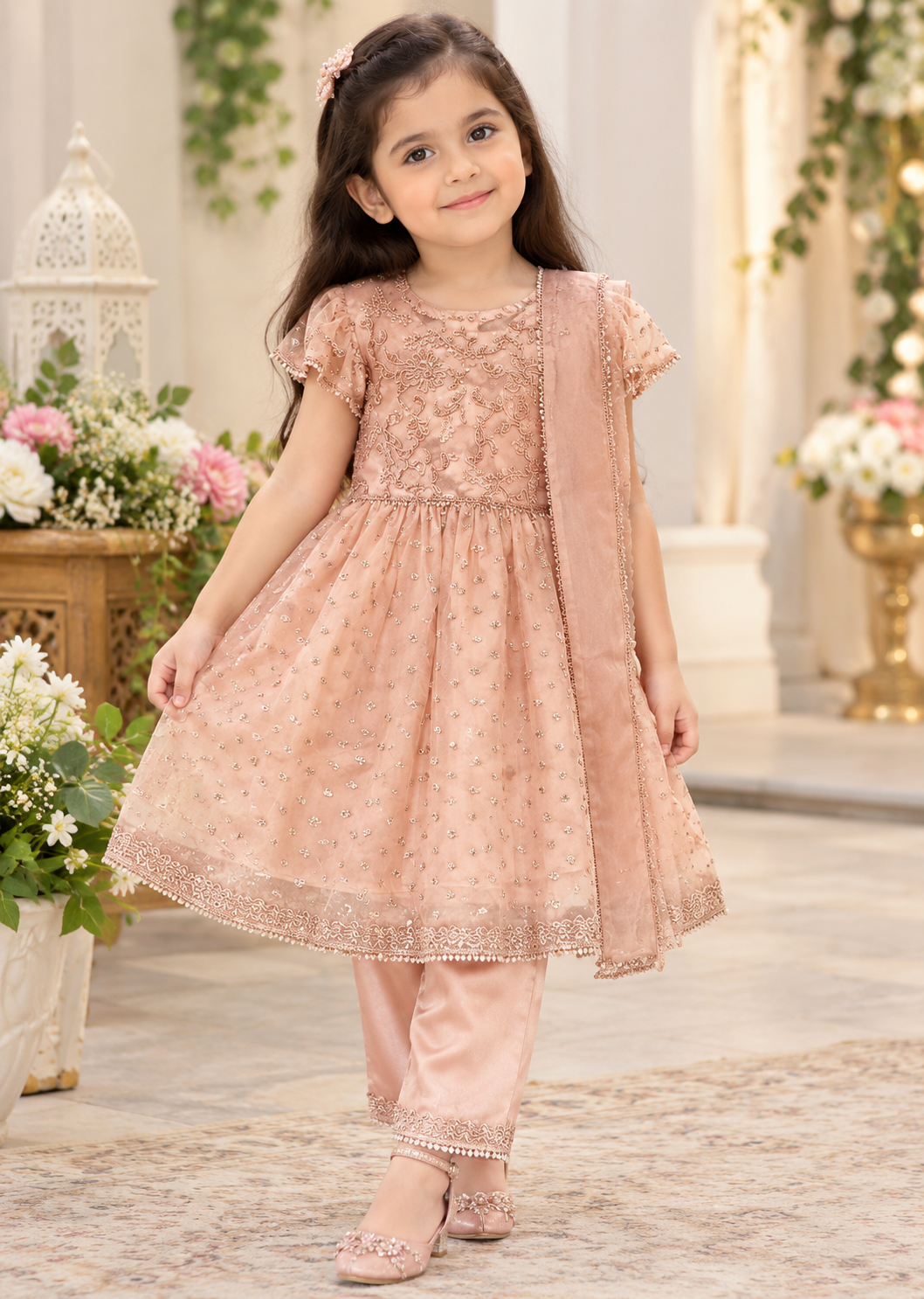 Tea pink  Embroidered Party Wear Frock for Girls