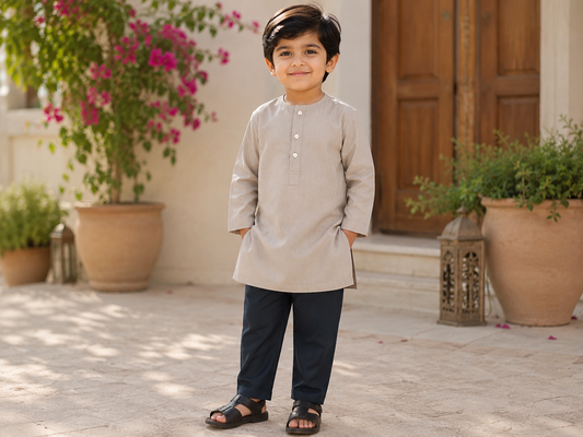 Ivory Beige & Black Boys Kurta Pajama Set