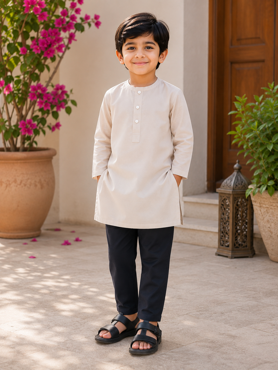Ivory White & Black Boys Kurta Pajama Set
