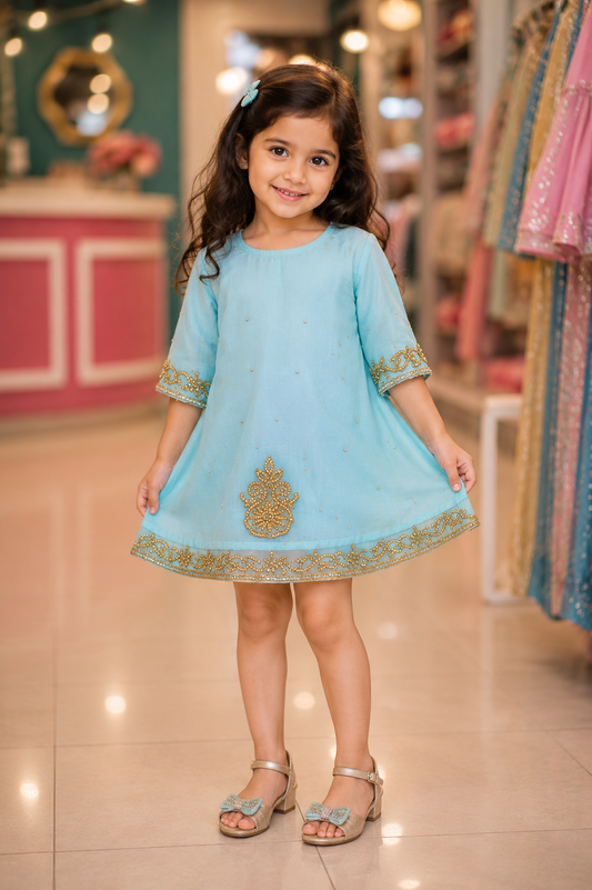 Girls’ Aqua Blue Gold Embroidered Shirt