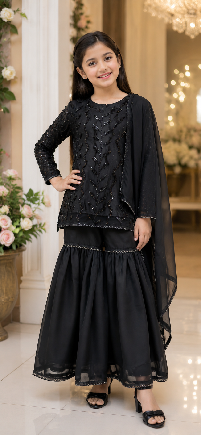 Black Embroidered Sharara Set for Girls